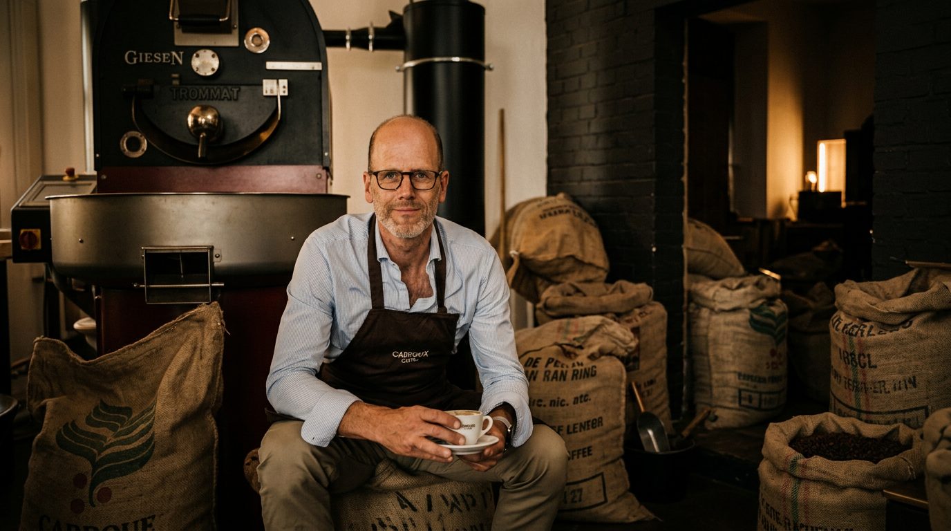 Eine frisch gezogene Espressotasse mit goldbrauner Crema auf einer warmen Holzoberfläche, umgeben von Kaffeebohnen.