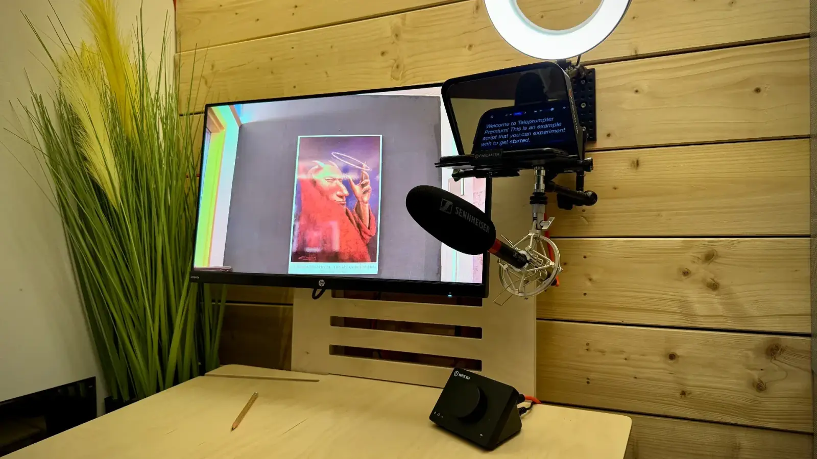 Detailaufnahme des Produktions-Setups in der Box: Monitor, Mikrofon, Teleprompter und Audio-Interface
