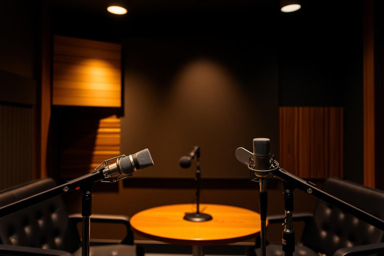 Dunkles Podcast-Studio mit zwei Mikrofonen, akustischen Holzpaneelen und goldwarmem Spotlight.