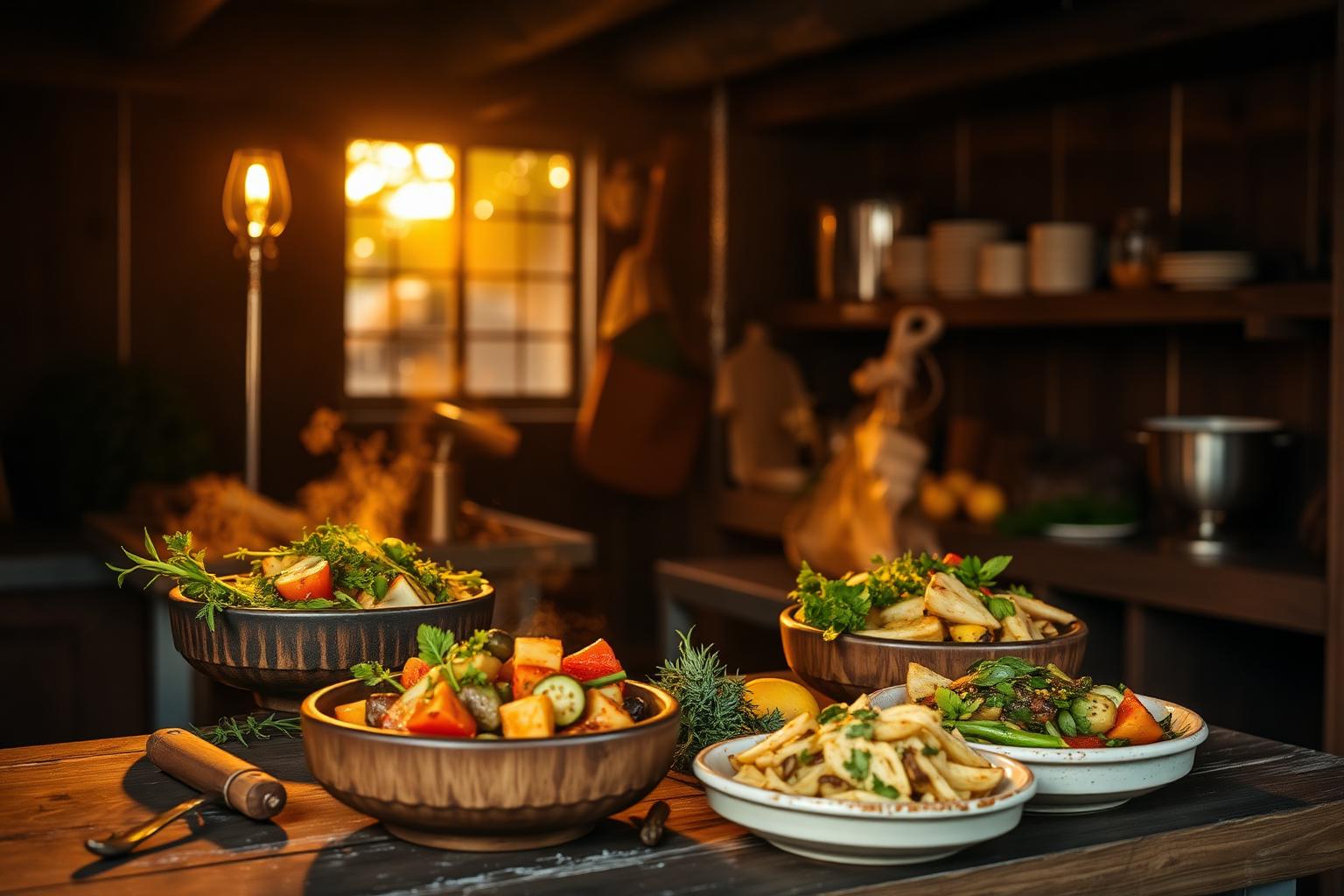 Warmes Foto einer offenen Küche mit Schüsseln voller vegetarischer Speisen und frischer Kräuter im goldenen Abendlicht.