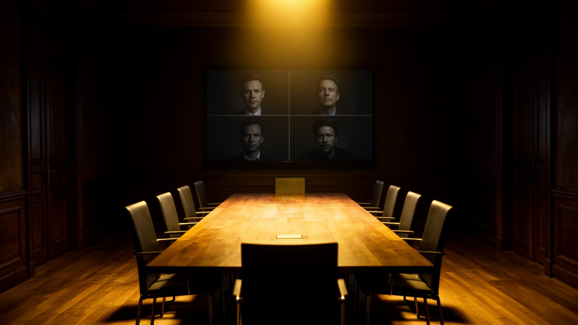 Dunkler, eleganter Konferenzraum mit langem Holztisch, warmem Spotlicht und einem Display am Kopfende, auf dem vier wartende Gesichter in einem Kachelraster zu sehen sind.