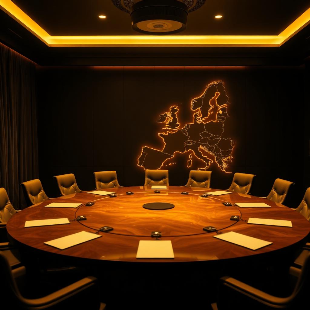 Editorial scene: runder Konferenztisch in einem sophisticated boardroom, an der Rückwand leuchtet eine abstrakte Europakarte.