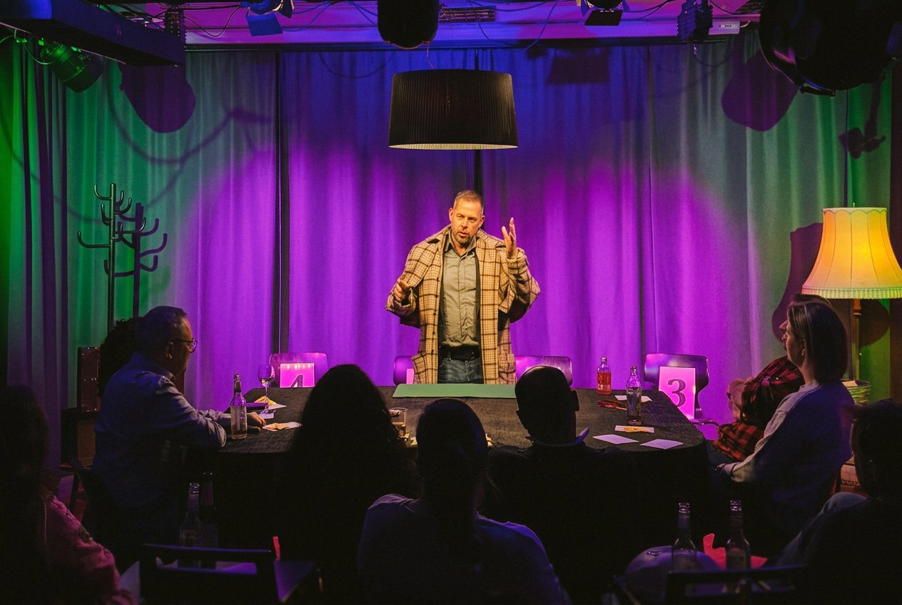 Jörg Borrmann steht im violett-grün beleuchteten Prismeo Theater an einem langen Tisch, das Publikum als Silhouetten dicht vor ihm, eine alte Stehlampe und ein Garderobenständer rahmen die kleine Bühne.