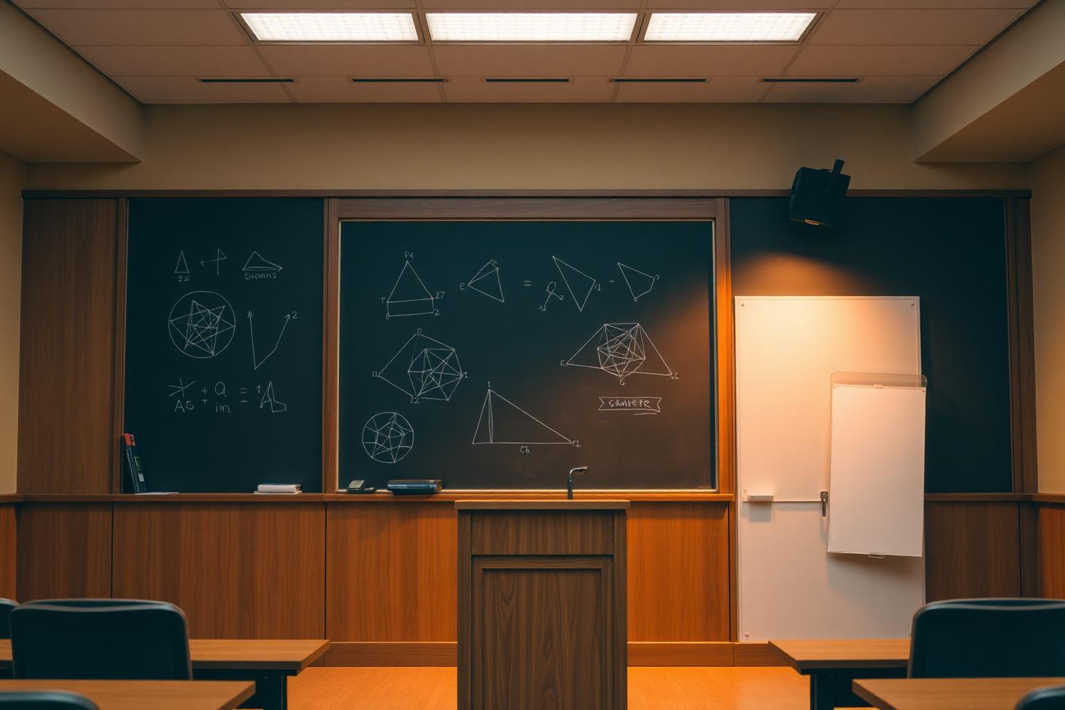 Editorial scene: warm beleuchteter Hörsaal mit Tafel, auf der abstrakte mathematische Diagramme zu sehen sind.
