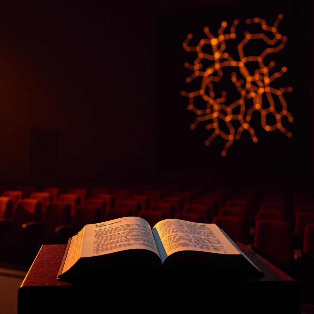 Editorial scene: ein aufgeschlagenes Buch auf einem Lesepult in einem dunklen, warm beleuchteten Saal, im Hintergrund leuchtet ein abstraktes neuronales Netz.