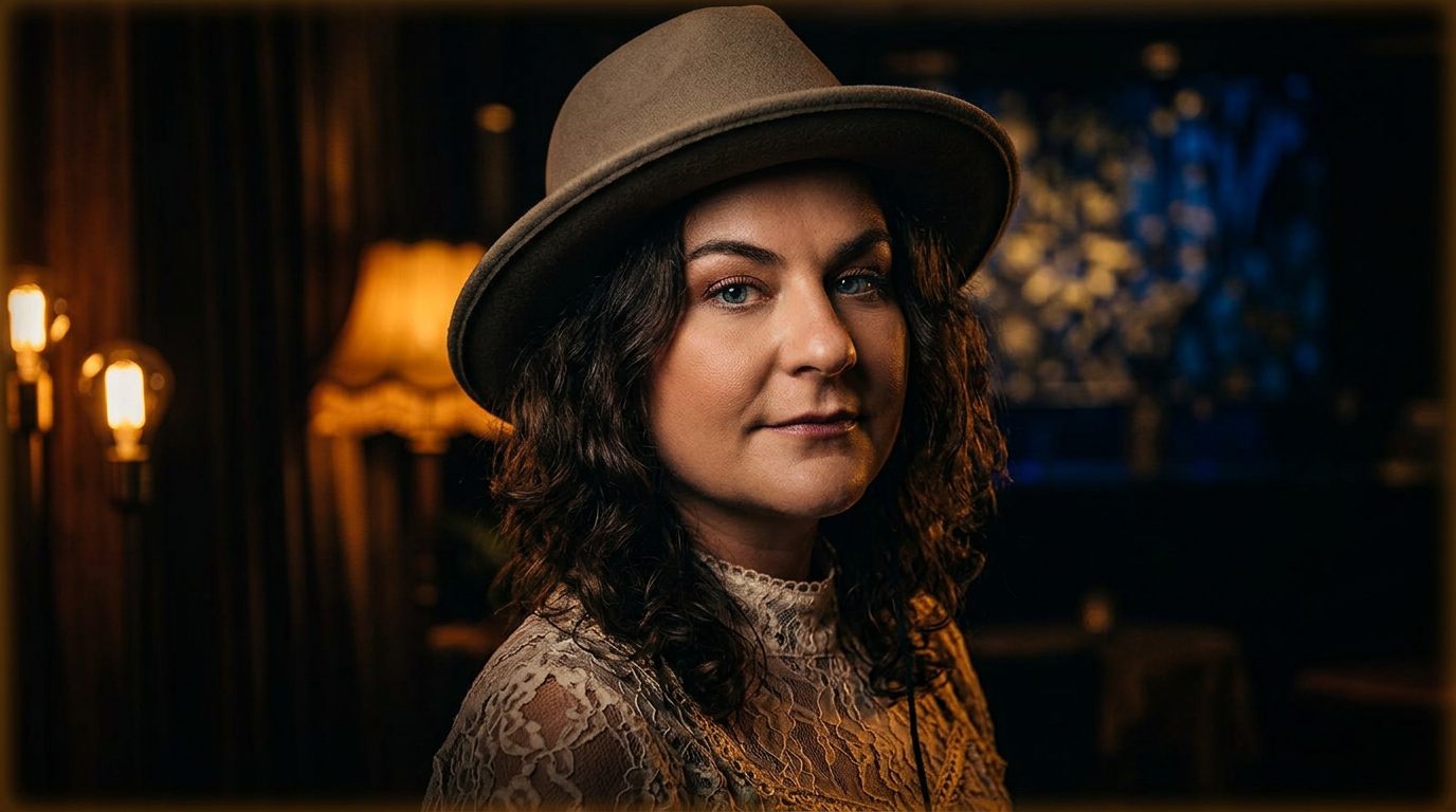 Porträt von Mimi Schell, Hamburger Sängerin und Songwriterin, mit Hut vor einem warmen, natürlichen Hintergrund.