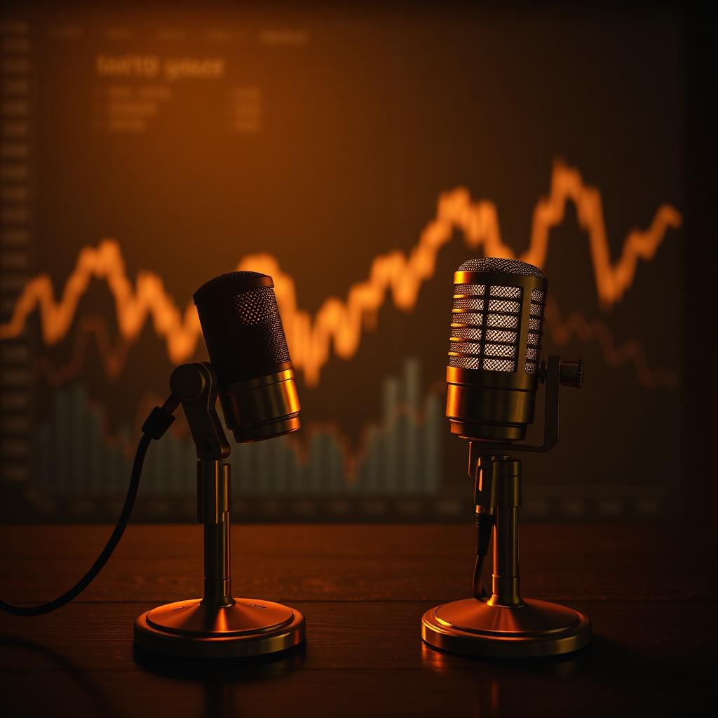Editorial scene: zwei warm beleuchtete Podcast-Mikrofone auf dunklem Holztisch, im Hintergrund eine abstrakte Marktkurve.