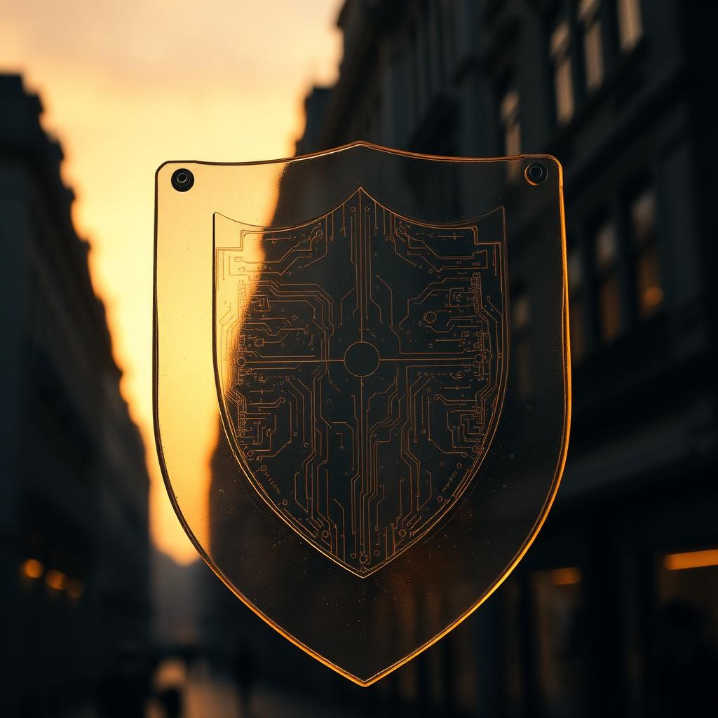 Editorial scene: durchsichtiges Glas-Schild mit eingravierten Schaltkreismustern vor einer europäischen Stadtsilhouette im warmen Abendlicht.