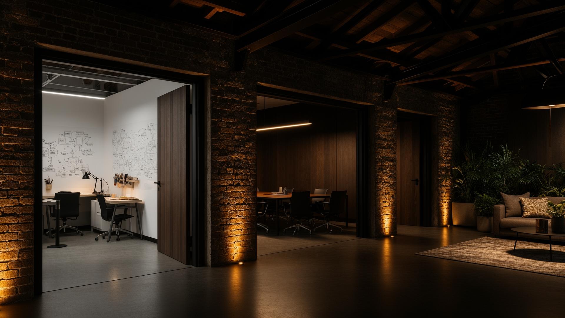 Verbindung mehrerer Räume in einem Premium-Kreativraum mit dunkler warmer Atmosphäre, industriellen Elementen und goldenem Licht.