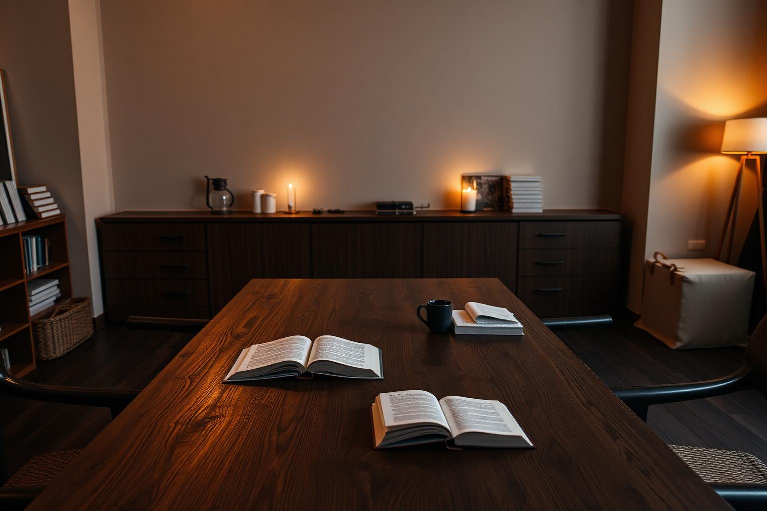 Warm beleuchteter dunkler Holztisch in einer Loft-Atmosphäre mit Notizbüchern und Kaffeetassen.