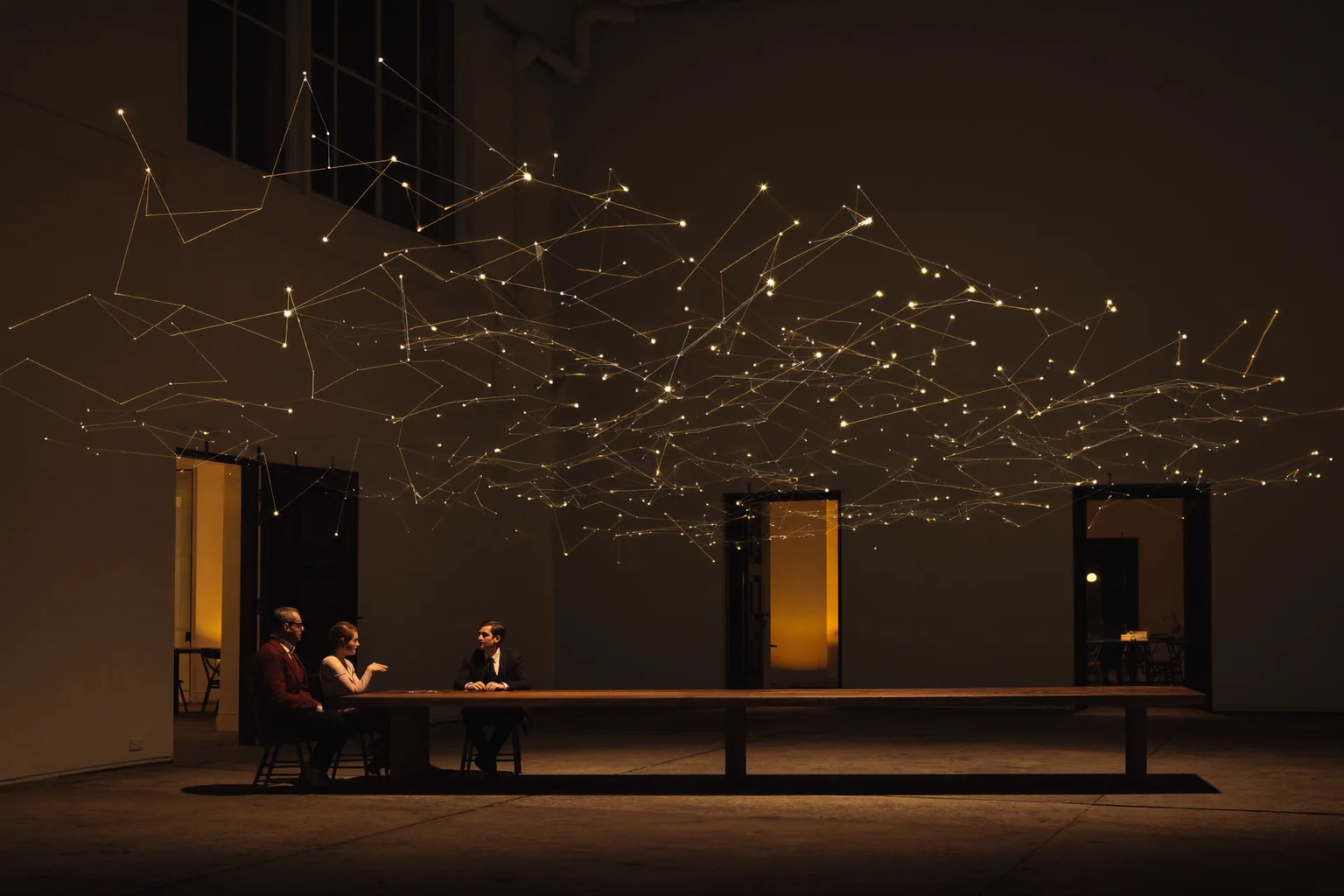 Drei Menschen an einem langen Tisch in einem weiten, warm beleuchteten Raum, über ihnen eine goldene Konstellation aus Lichtpunkten und Linien