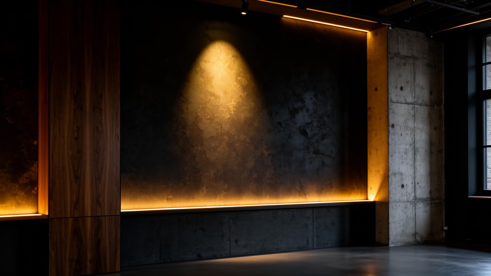 Dunkles, elegantes Interieur eines Premium-Kreativraums mit warmem goldenem Akzentlicht auf strukturierten Wänden aus Holz und Beton.
