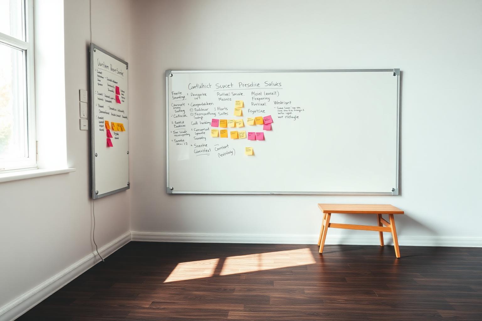 Workshopraum mit großer Whiteboard-Wall, Post-its und einem Holzhocker davor, weiches Tageslicht.